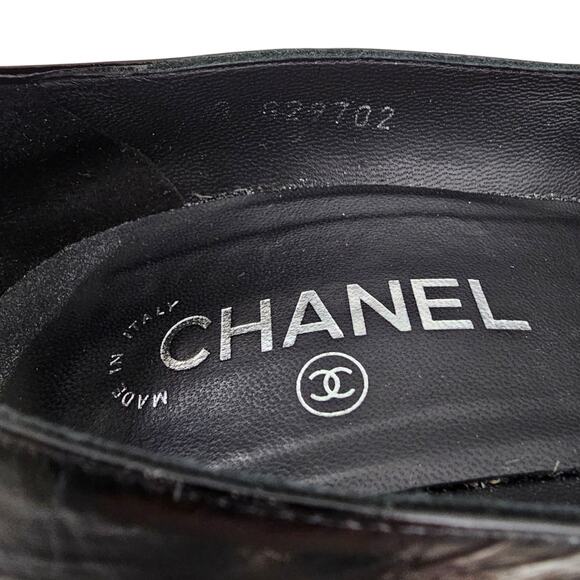 Chanel CC Patent Leather Pointed Cap Toe Pump Heel Size 39 US 8 8.5 Black Silver - Picture 10 of 13